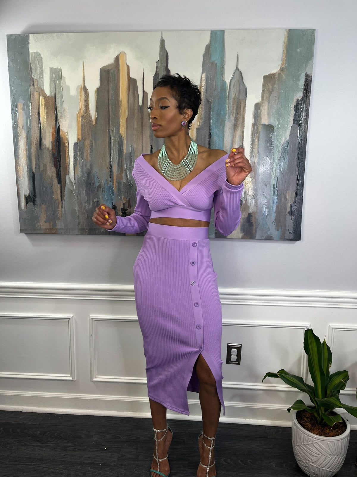 two piece purple dress Purple Beaded Two Piece Tulle A-line V neck Party Dress, Long Prom Dresses, MP419